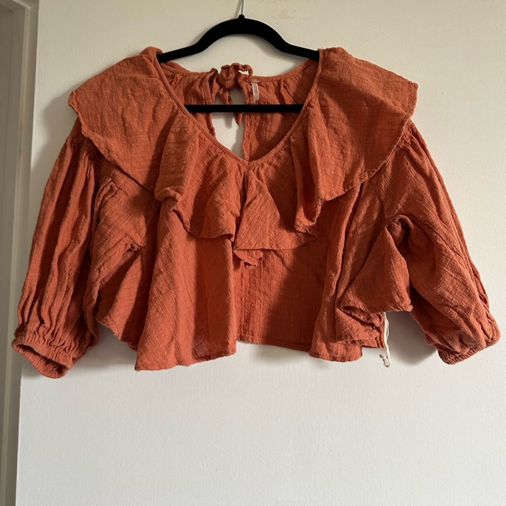 Free People Boho Orange Ginger Spice Zuri Ruffle Open Back Blouse size XS EUC - Picture 8 of 13